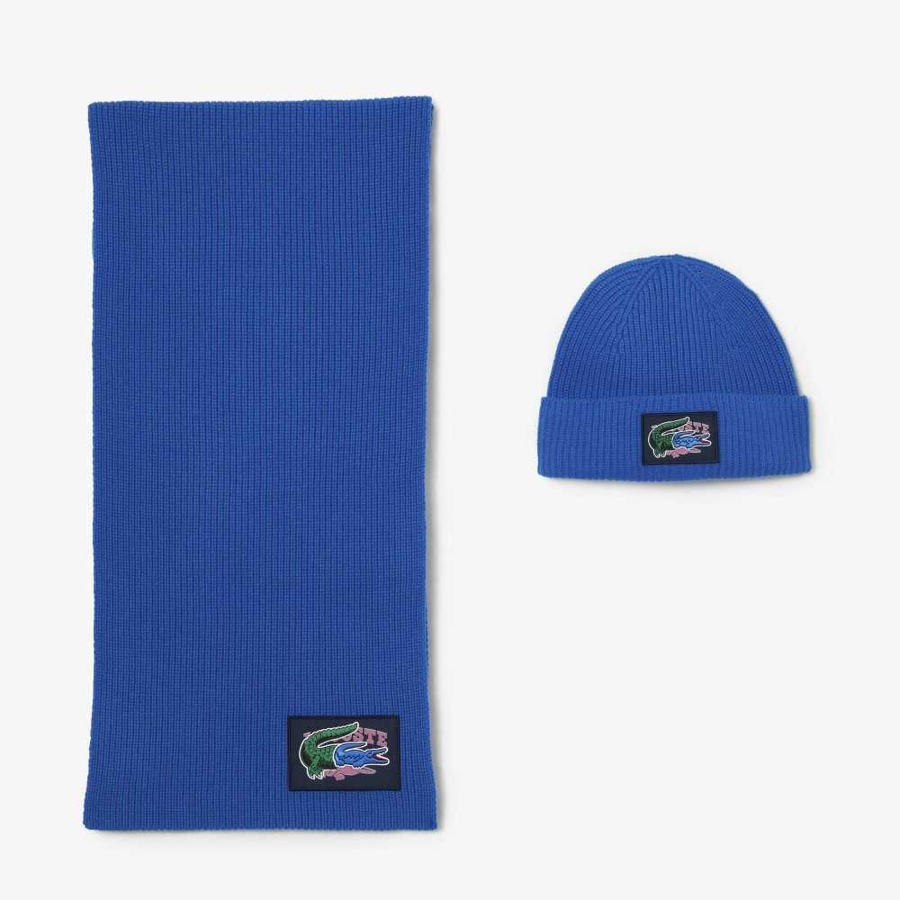 Blue Lacoste Ribbed Wool Beanie And Scarf Gift Set | QZYIJG-276