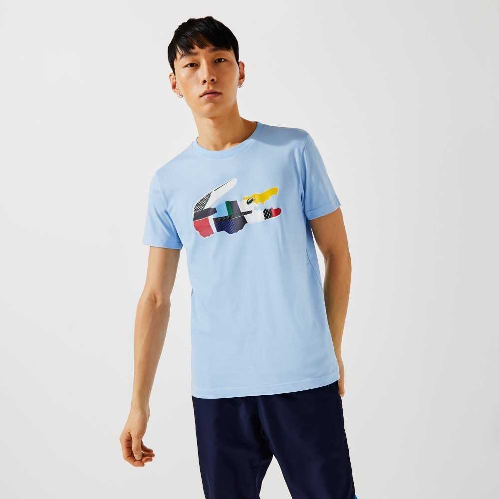 Blue Lacoste SPORT Patchwork Crocodile Print Cotton T-Shirt | DPIZYV-874