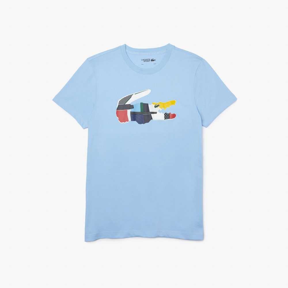 Blue Lacoste SPORT Patchwork Crocodile Print Cotton T-Shirt | DPIZYV-874