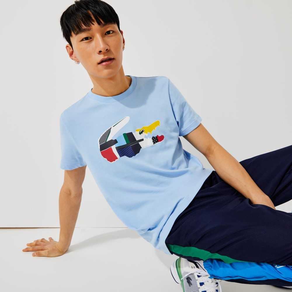 Blue Lacoste SPORT Patchwork Crocodile Print Cotton T-Shirt | DPIZYV-874