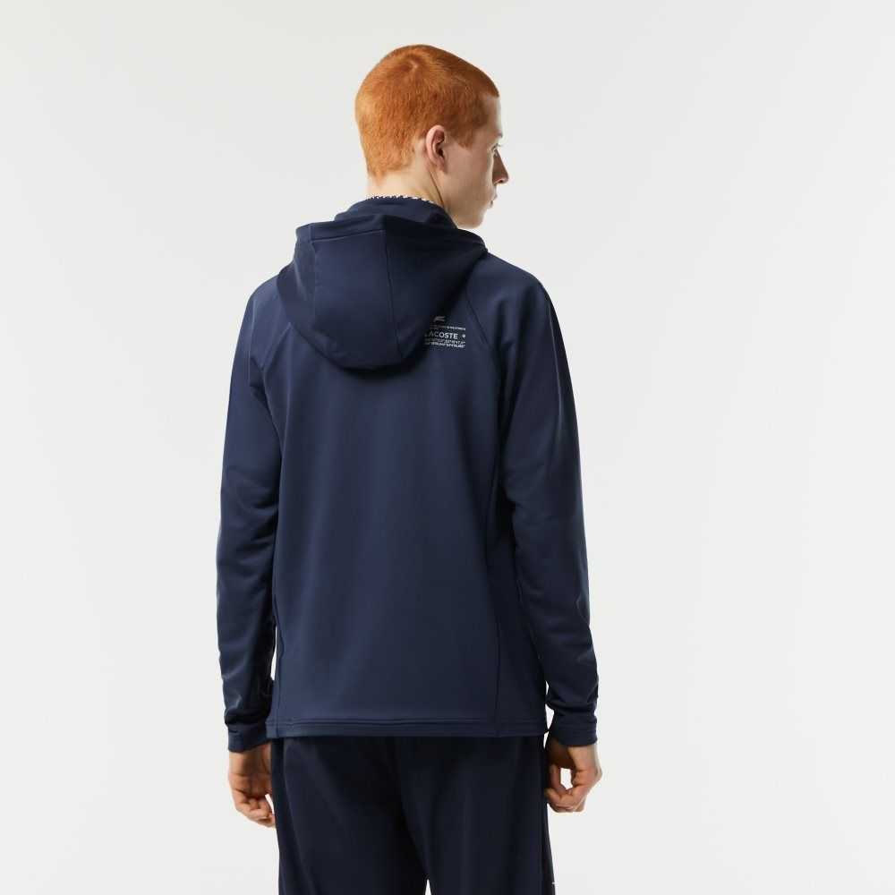 Blue Lacoste SPORT Zipped High-Neck Hooded Sweatshirt | UEHGNT-765