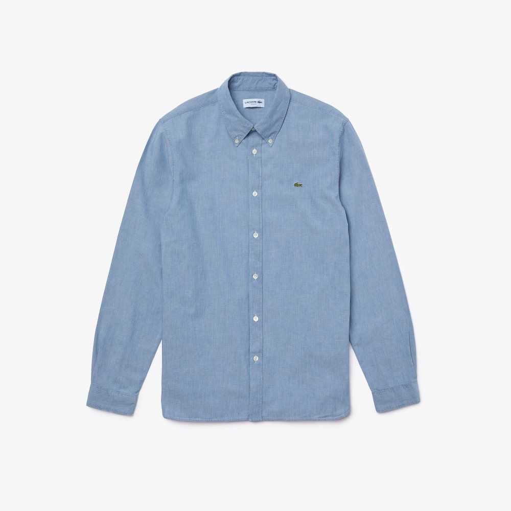 Blue Lacoste Slim Fit Cotton Chambray Shirt | MCIPOA-970