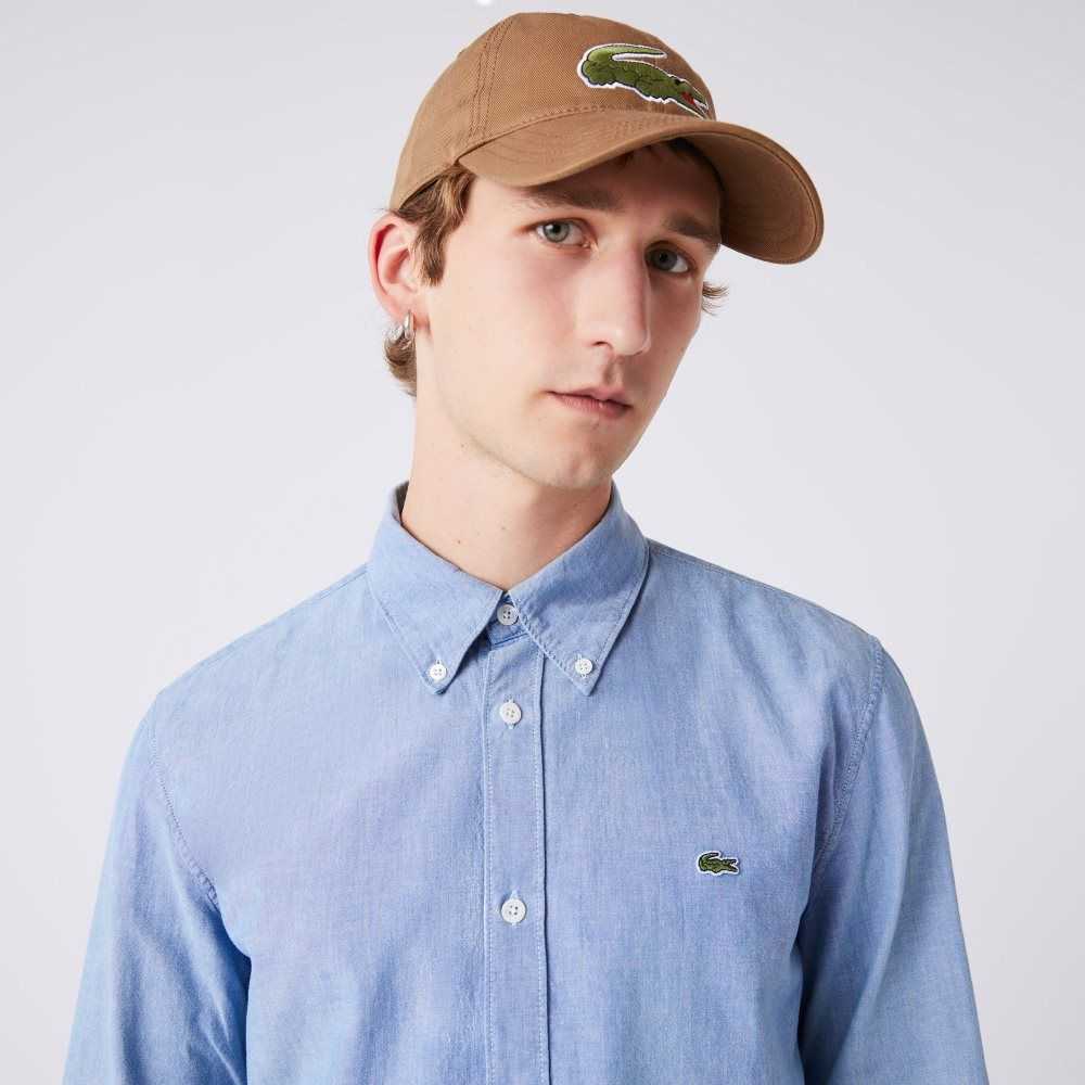 Blue Lacoste Slim Fit Cotton Chambray Shirt | MCIPOA-970