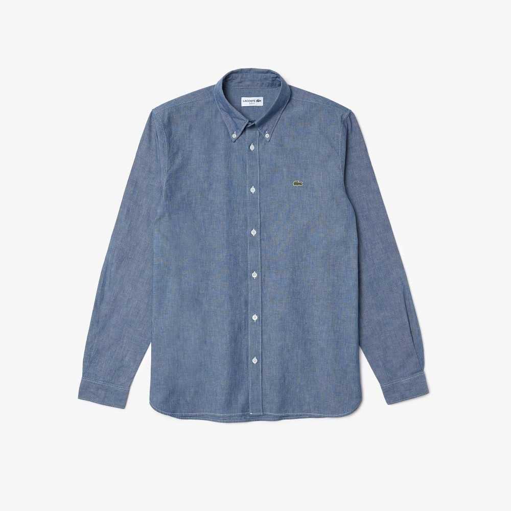 Blue Lacoste Slim Fit Cotton Chambray Shirt | VANMZG-823