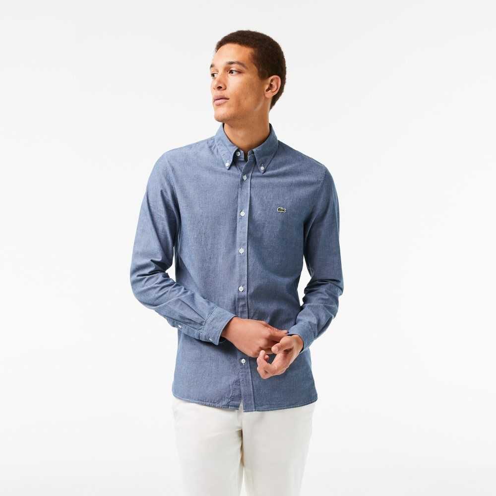 Blue Lacoste Slim Fit Cotton Chambray Shirt | VANMZG-823