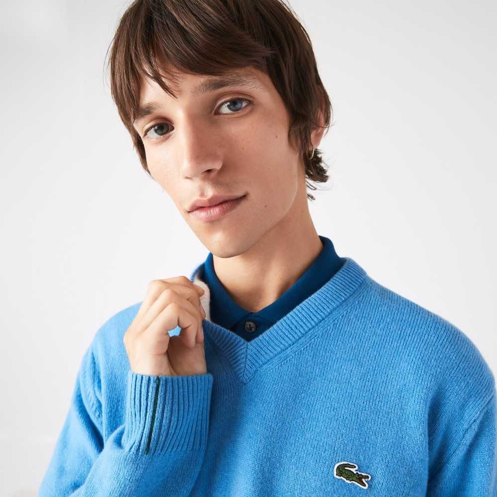 Blue Lacoste V-Neck Wool Sweater | JCAWPB-563