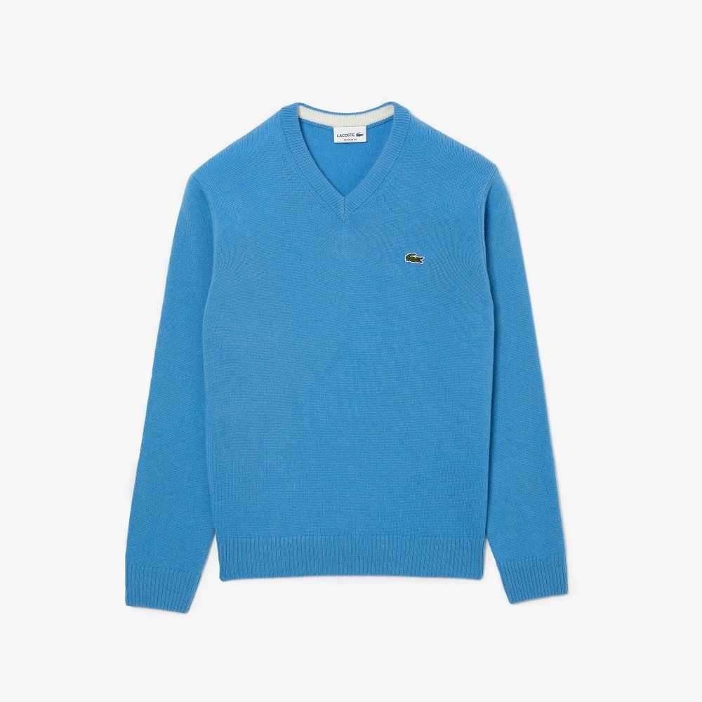 Blue Lacoste V-Neck Wool Sweater | JCAWPB-563