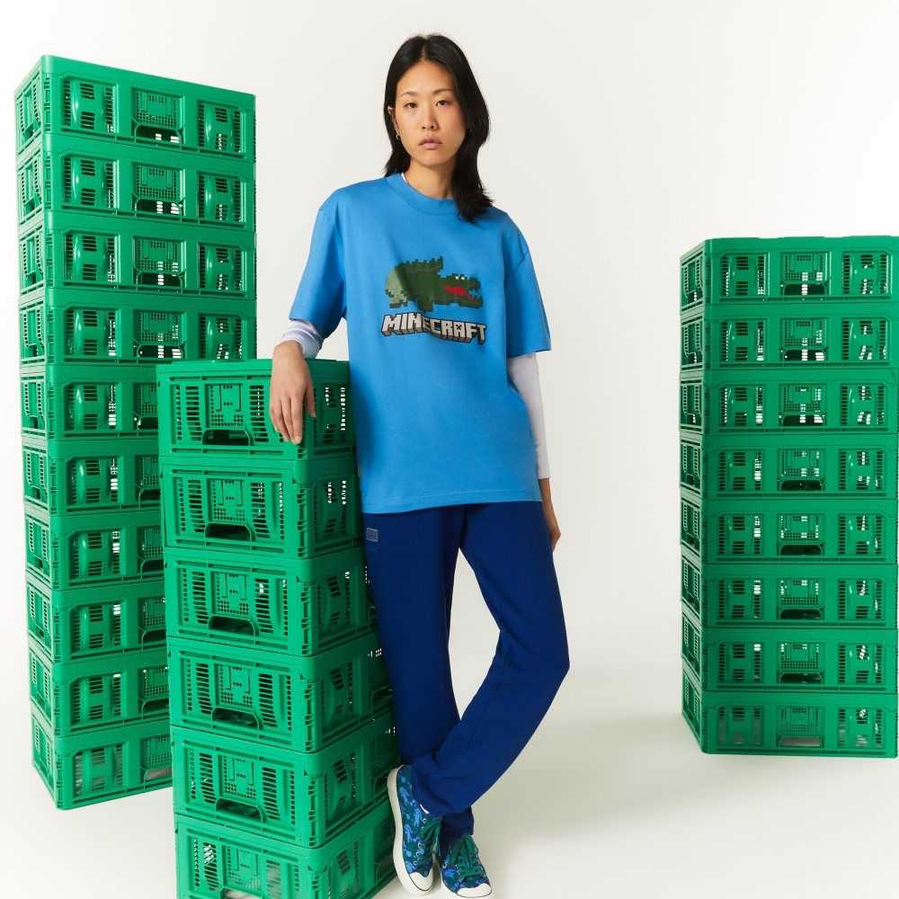 Blue Lacoste x Minecraft Print Organic Cotton T-Shirt | TOYMFJ-126