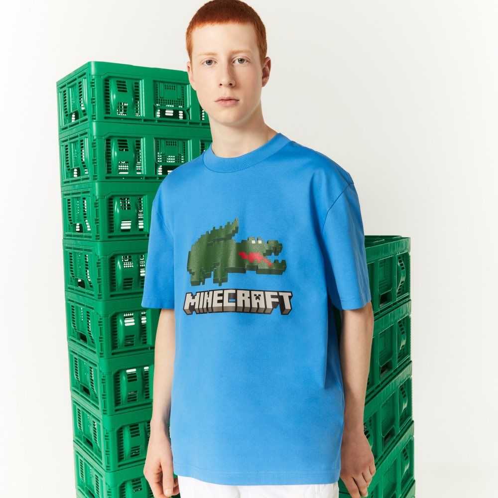 Blue Lacoste x Minecraft Print Organic Cotton T-Shirt | TOYMFJ-126