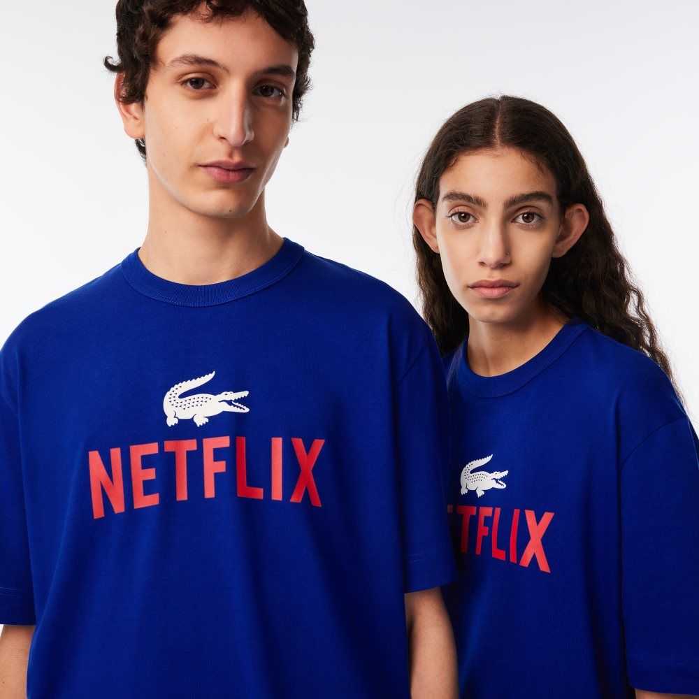 Blue Lacoste x Netflix Loose Fit Organic Cotton T-Shirt | KFXRDI-560