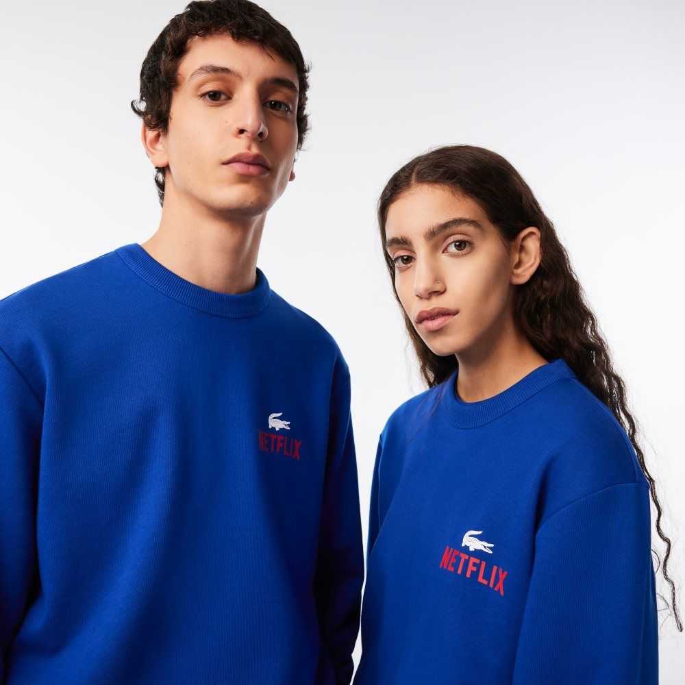 Blue Lacoste x Netflix Round Neck Print Back Sweatshirt | GTMWFP-712