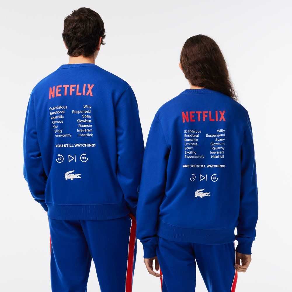 Blue Lacoste x Netflix Round Neck Print Back Sweatshirt | GTMWFP-712