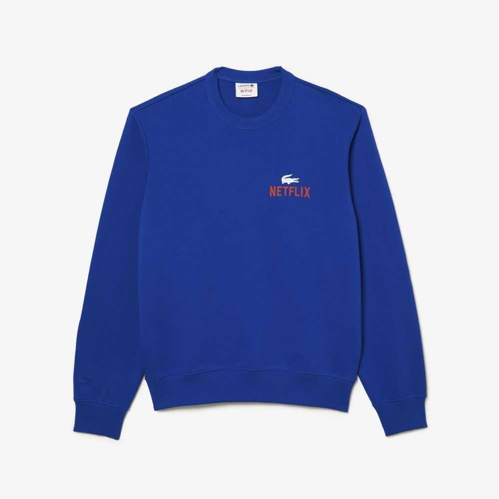 Blue Lacoste x Netflix Round Neck Print Back Sweatshirt | GTMWFP-712