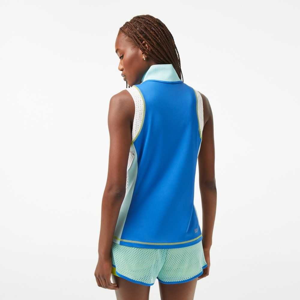 Blue / Light Green / White Lacoste Tennis Sleeveless Zip Neck Polo | LZVRPW-421