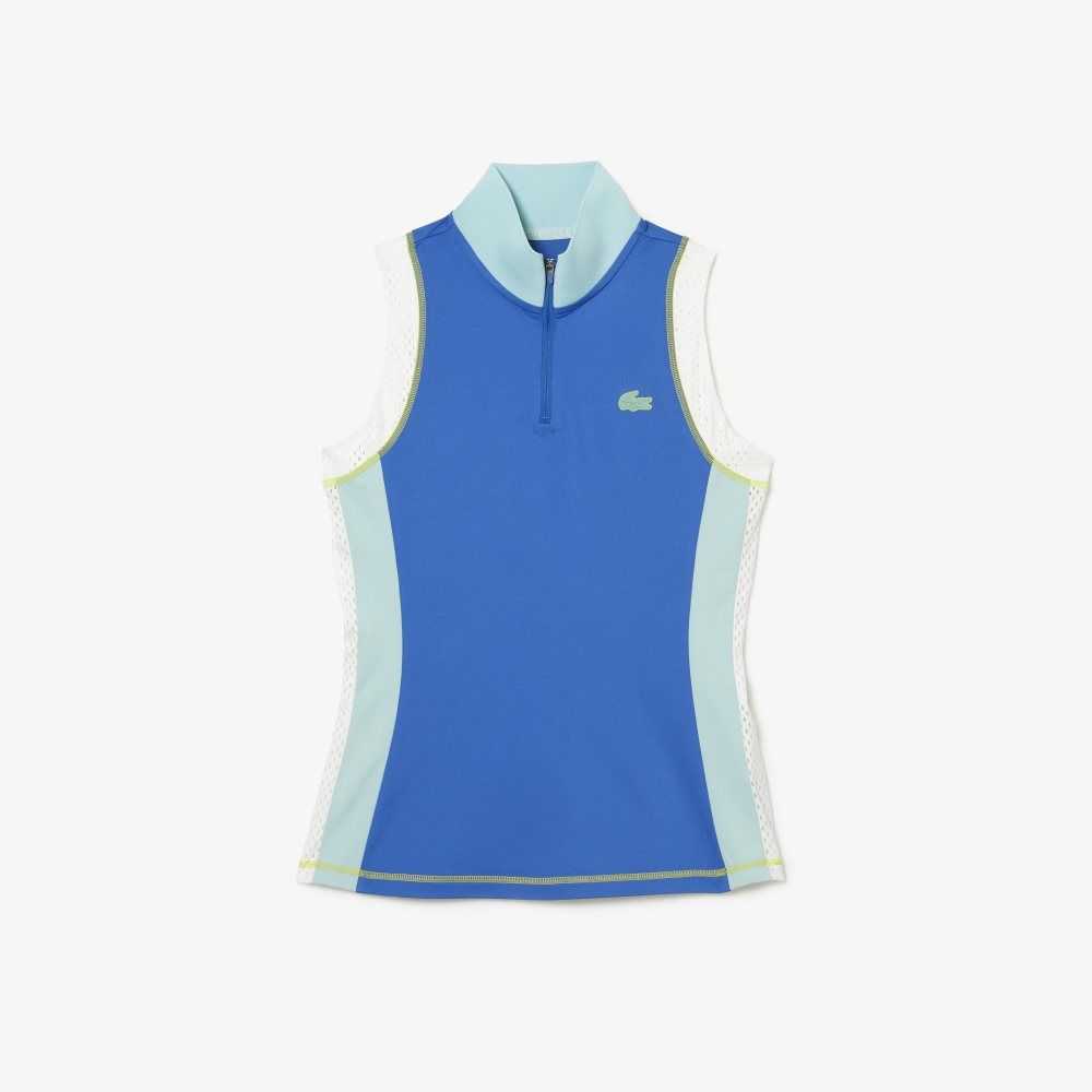 Blue / Light Green / White Lacoste Tennis Sleeveless Zip Neck Polo | LZVRPW-421