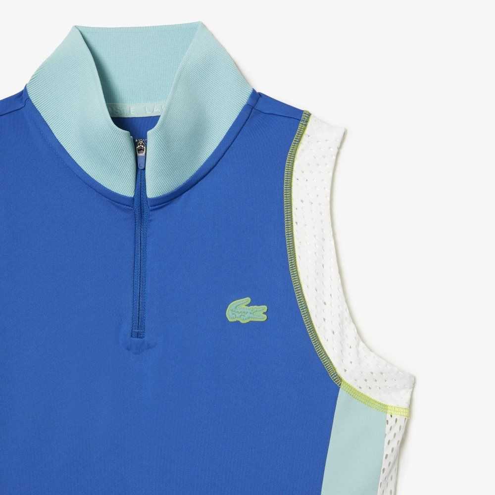 Blue / Light Green / White Lacoste Tennis Sleeveless Zip Neck Polo | LZVRPW-421