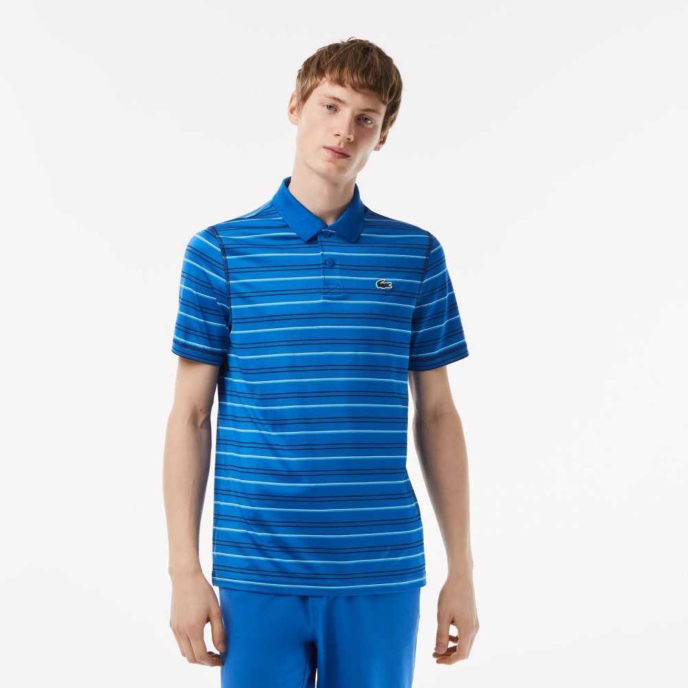 Blue / Navy Blue / White / Blue Lacoste Golf Recycled Polyester Stripe Polo | HTSZGP-840