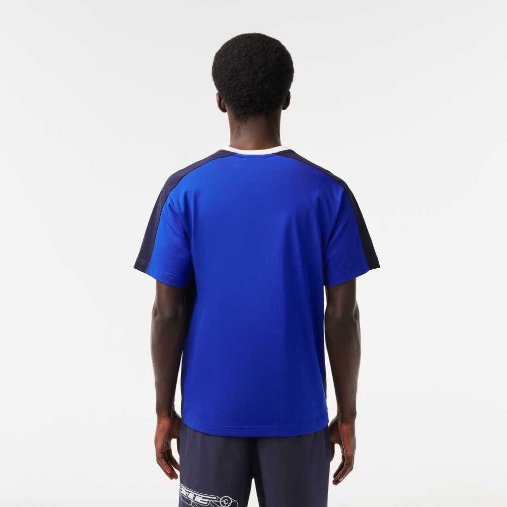 Blue / Navy Blue / White Lacoste Colorblock Cotton Jersey T-Shirt | WHBITR-521