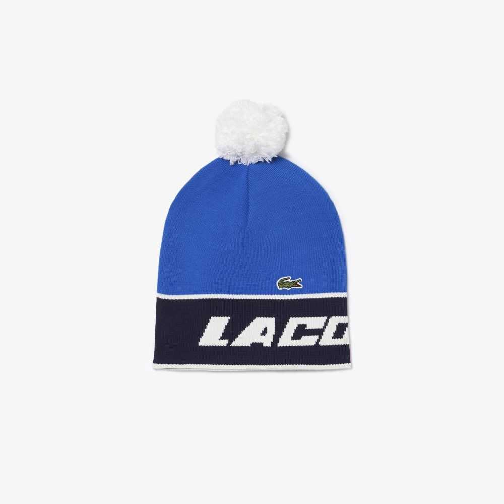 Blue / Navy Blue / White Lacoste Pom-Pom And Color-Block Beanie | HRKCOX-278