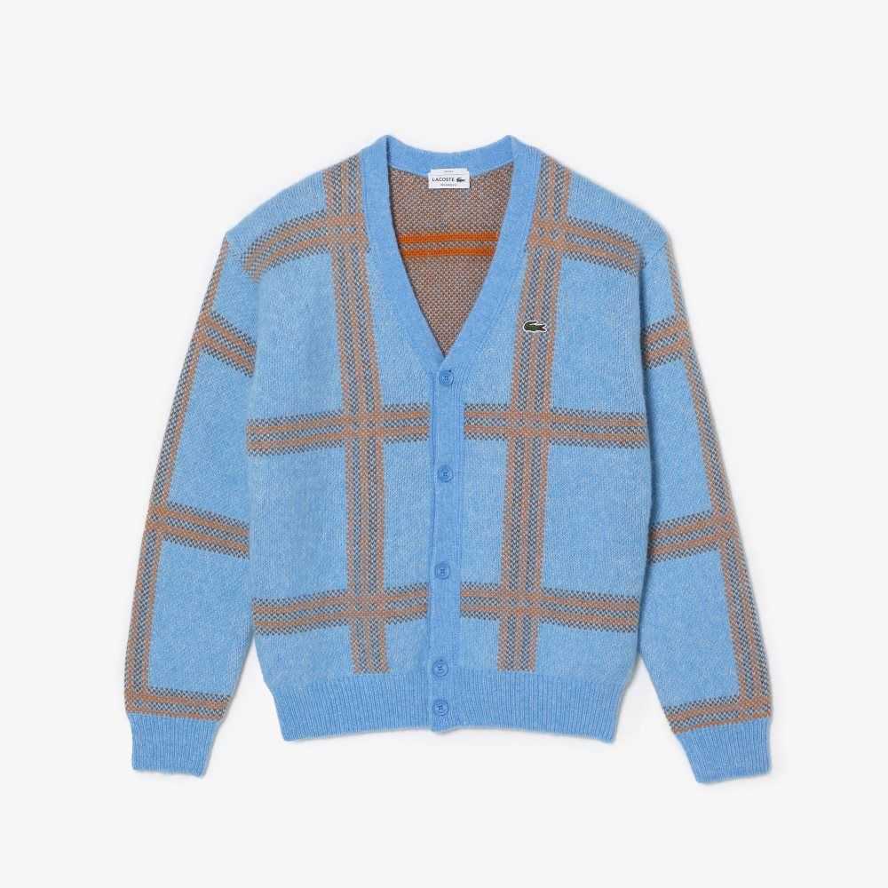 Blue / Orange / Brown Lacoste Tartan Pattern Wool Cardigan | FIGOTS-829