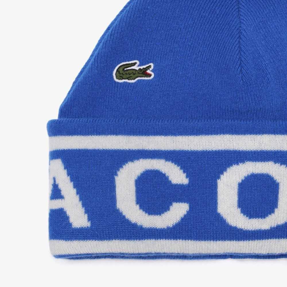 Blue / White Lacoste Jacquard Knit Beanie And Scarf Gift Set | ESHTKA-890