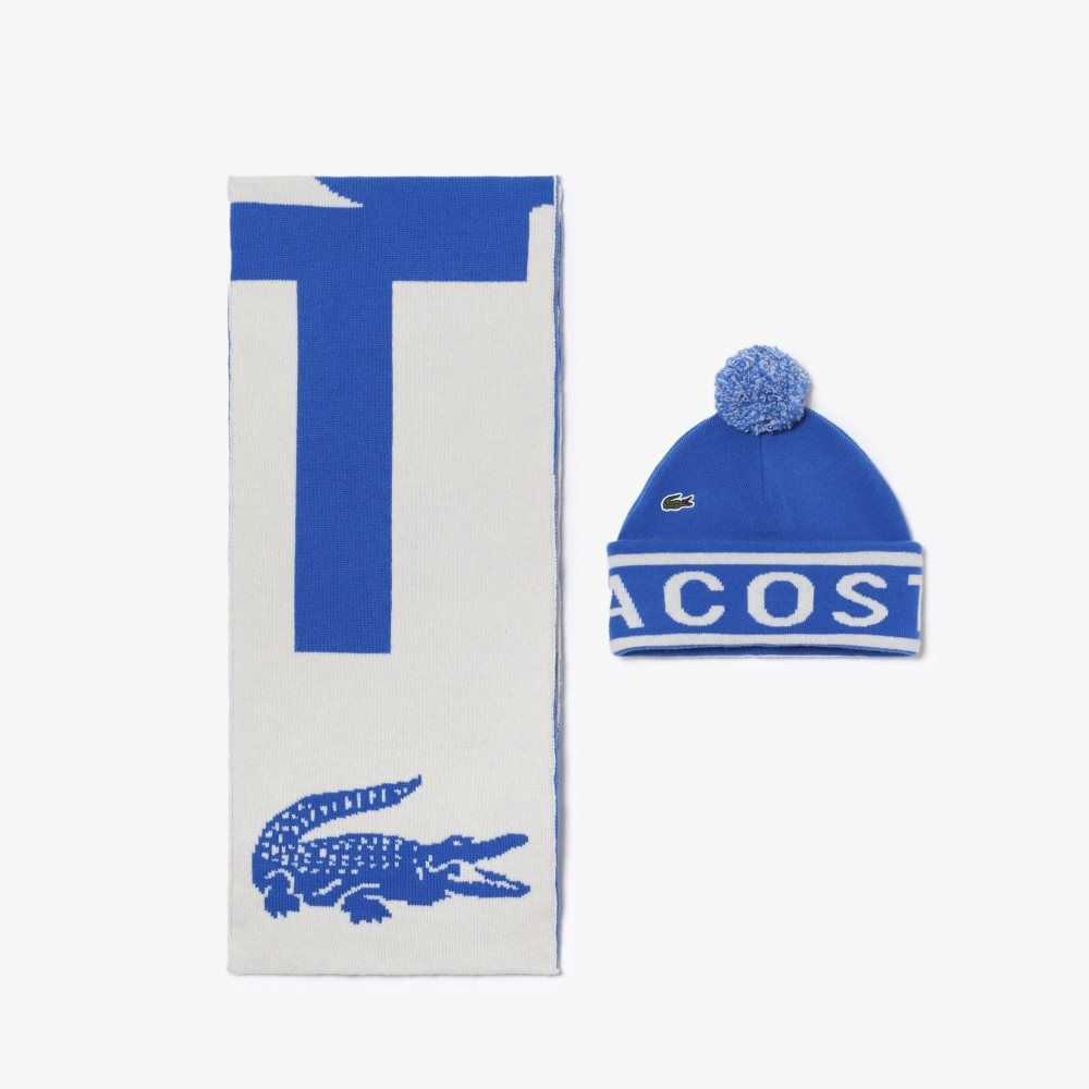 Blue / White Lacoste Jacquard Knit Beanie And Scarf Gift Set | ESHTKA-890