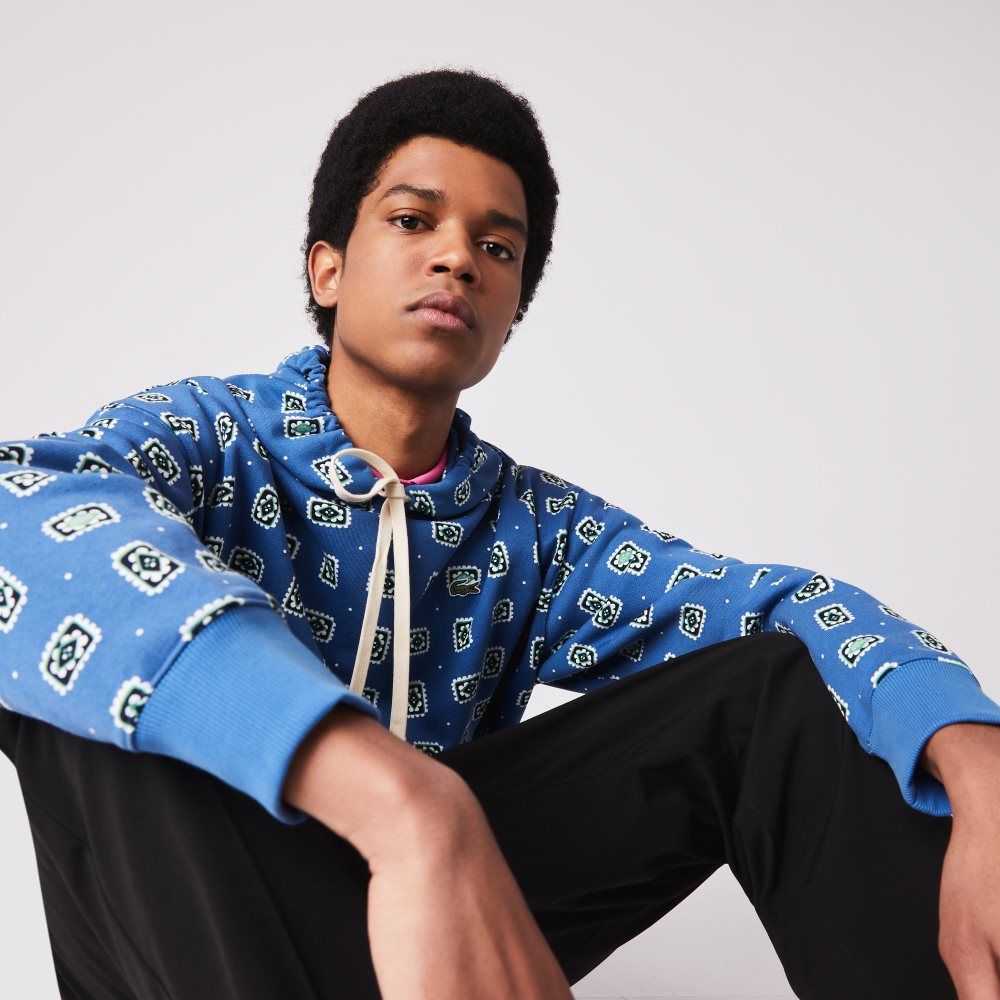 Blue / White Lacoste LIVE Loose Fit Print Cotton Hoodie | GNSUOF-812