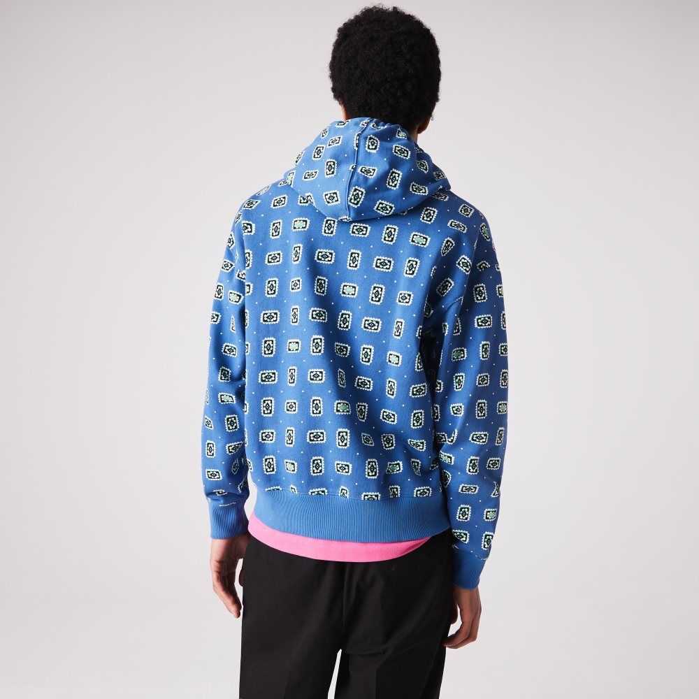 Blue / White Lacoste LIVE Loose Fit Print Cotton Hoodie | GNSUOF-812