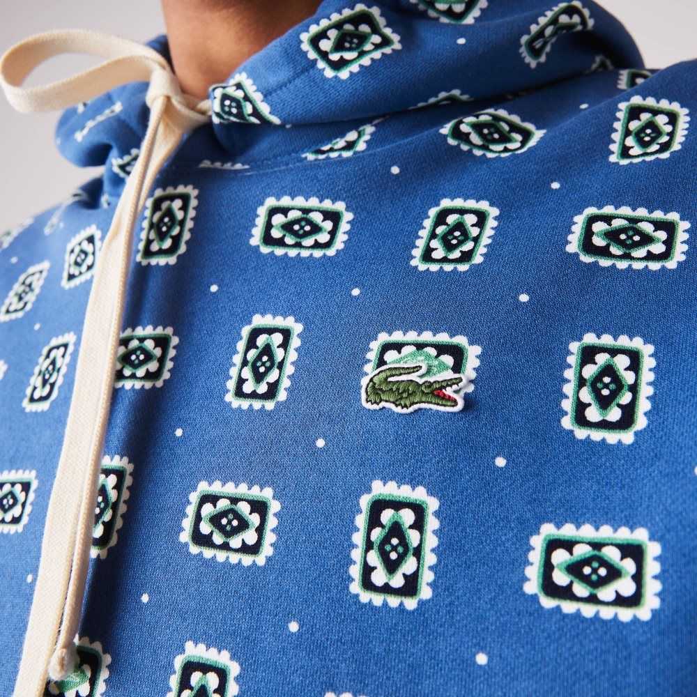 Blue / White Lacoste LIVE Loose Fit Print Cotton Hoodie | GNSUOF-812