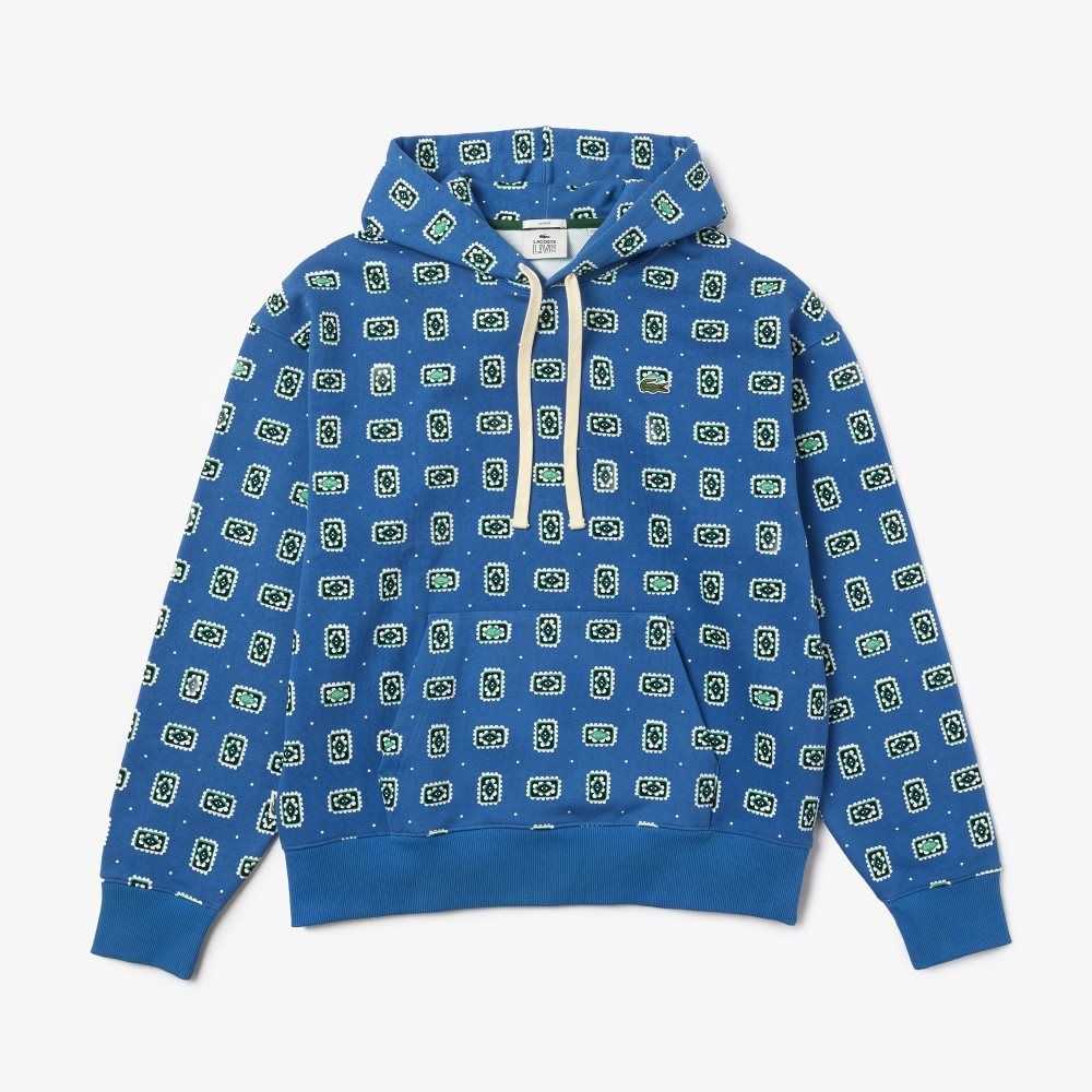 Blue / White Lacoste LIVE Loose Fit Print Cotton Hoodie | GNSUOF-812