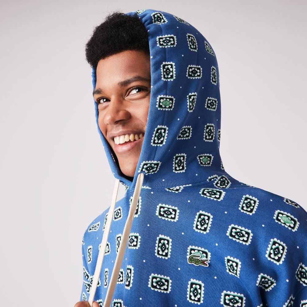 Blue / White Lacoste LIVE Loose Fit Print Cotton Hoodie | GNSUOF-812