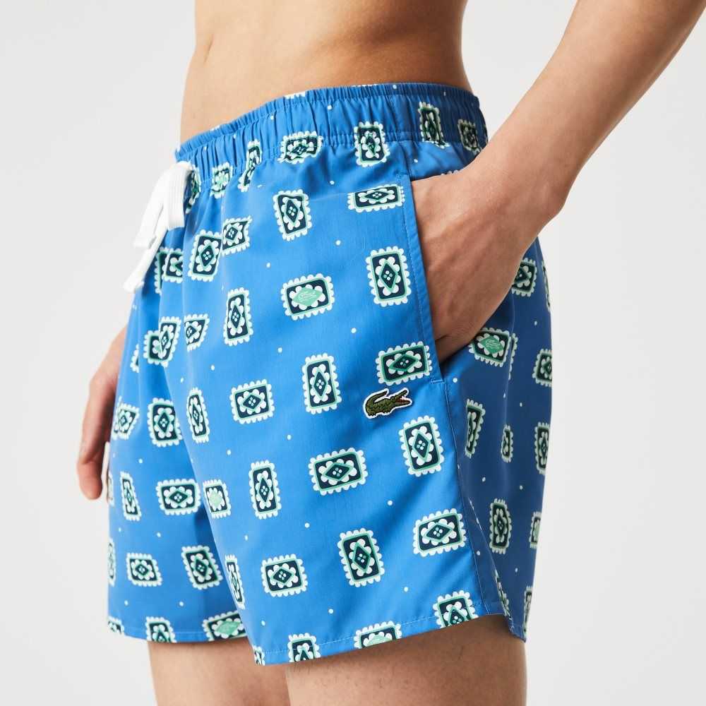 Blue / White Lacoste LIVE Print Lightweight Swimming Trunks | NMBAPY-473