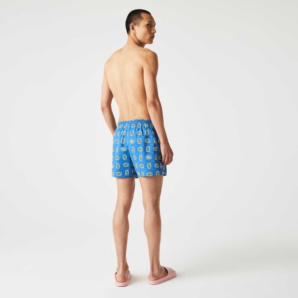 Blue / White Lacoste LIVE Print Lightweight Swimming Trunks | NMBAPY-473