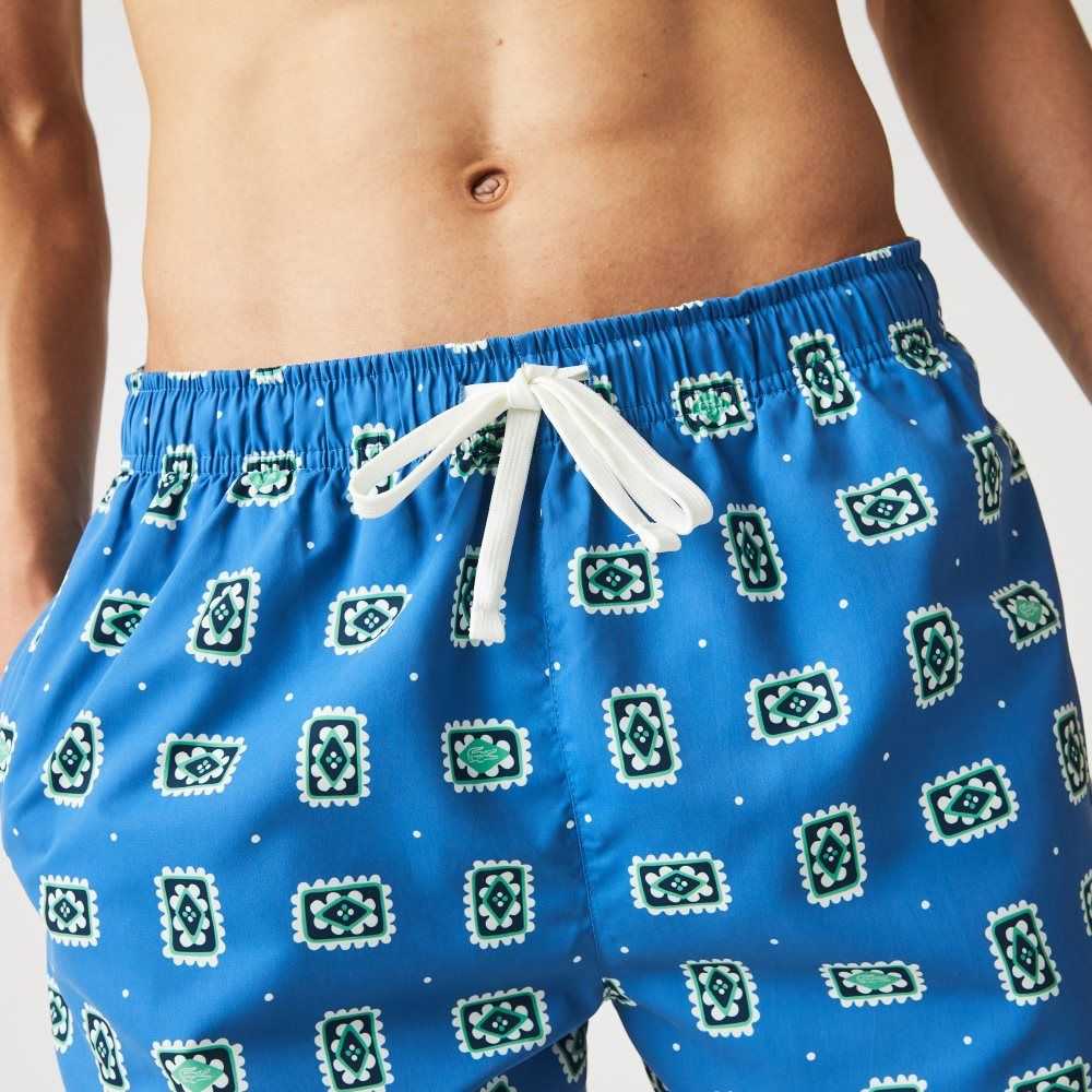 Blue / White Lacoste LIVE Print Lightweight Swimming Trunks | NMBAPY-473