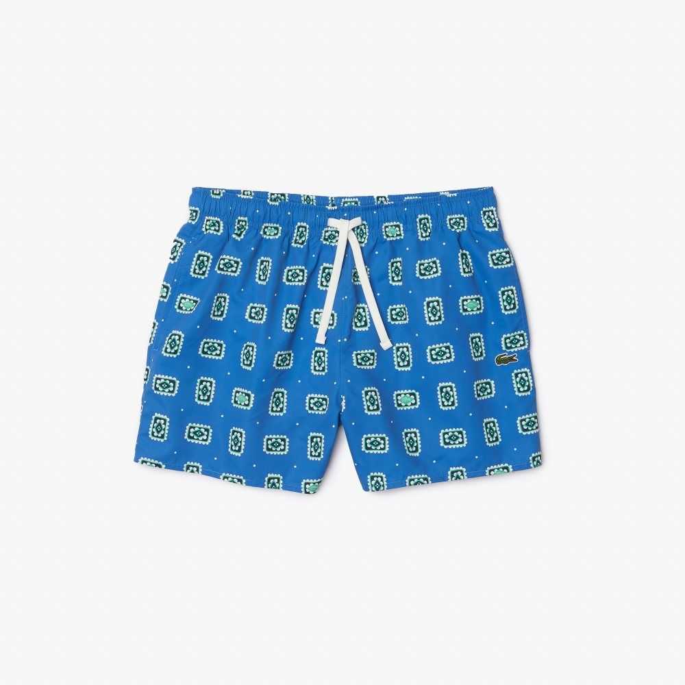 Blue / White Lacoste LIVE Print Lightweight Swimming Trunks | NMBAPY-473