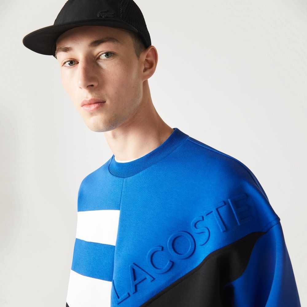 Blue / White Lacoste Loose Fit Patchwork Effect Sweatshirt | XFVOJR-472