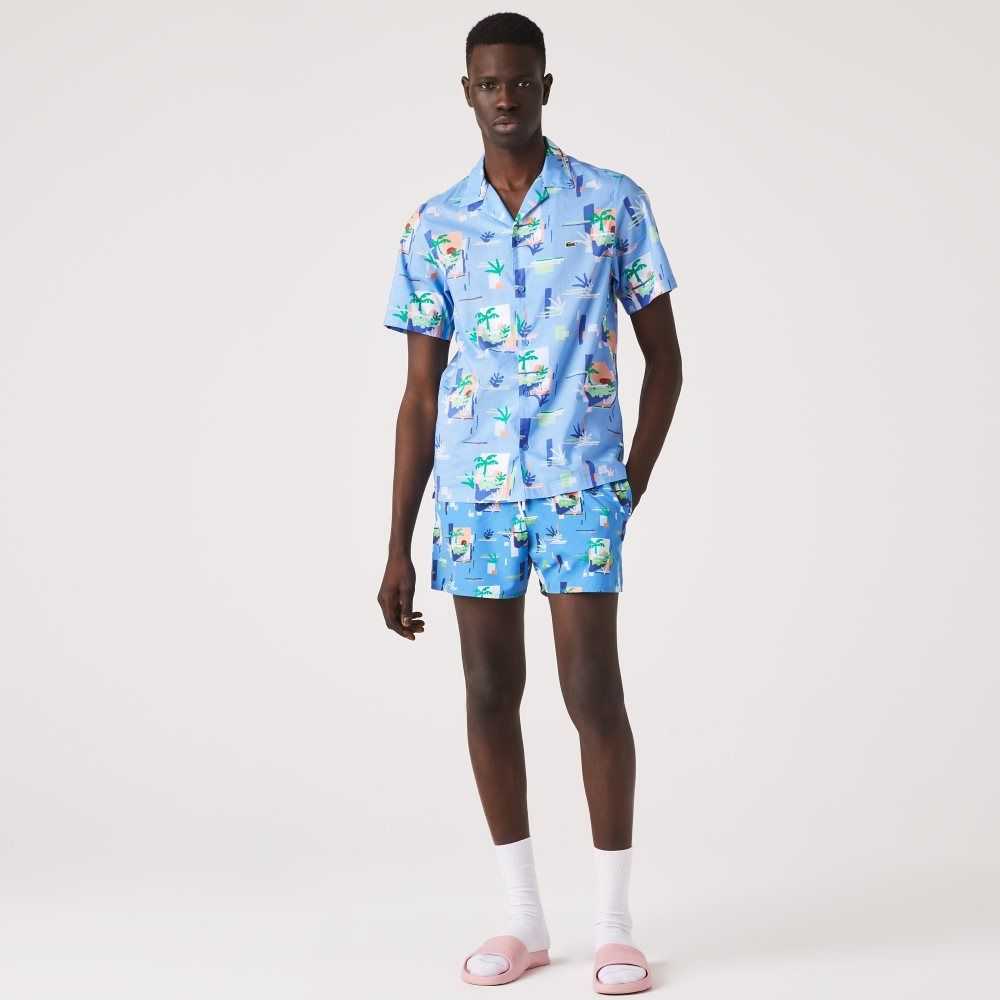 Blue / White Lacoste Print Cotton Voile Hawaiian Shirt | LBPVMZ-248