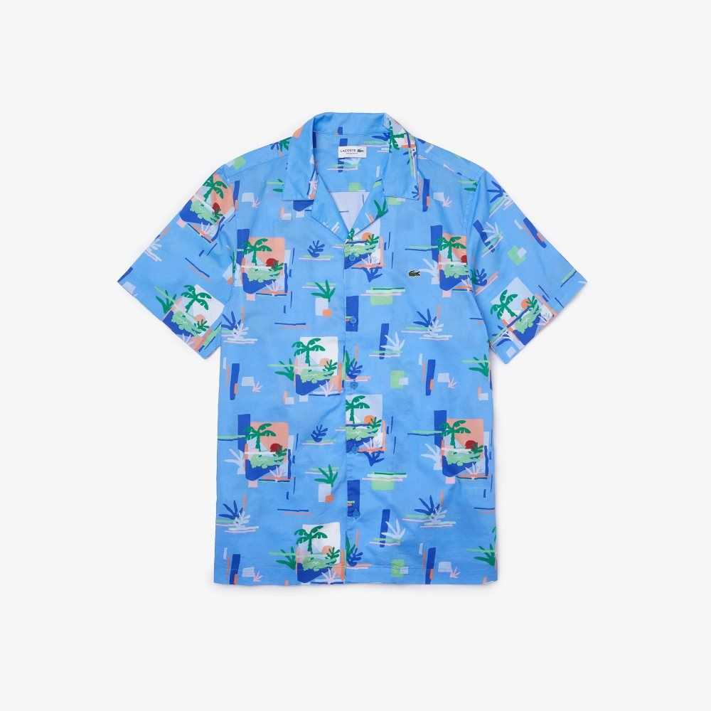 Blue / White Lacoste Print Cotton Voile Hawaiian Shirt | LBPVMZ-248