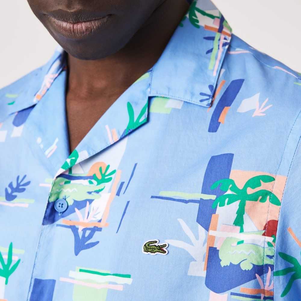 Blue / White Lacoste Print Cotton Voile Hawaiian Shirt | LBPVMZ-248