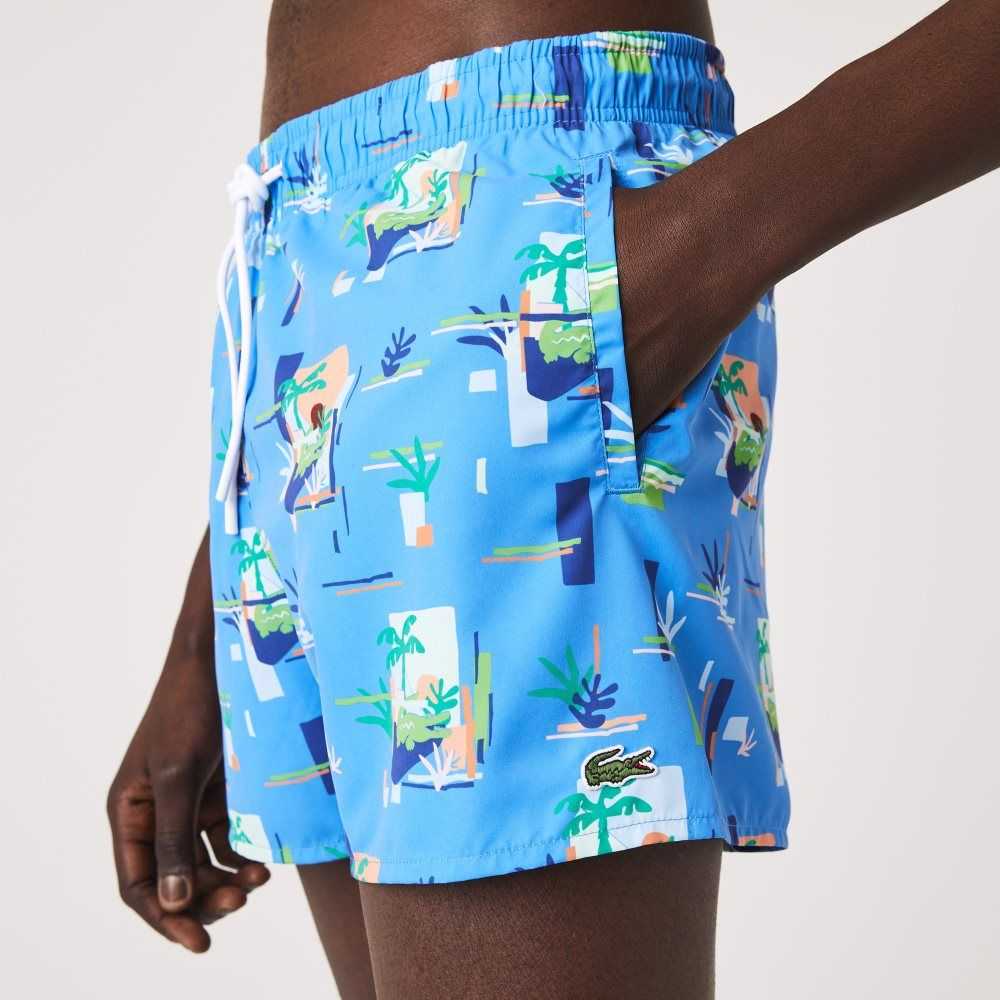 Blue / White Lacoste Printed Built-In Mesh Boxer Swimming Trunks | GEPTWN-702