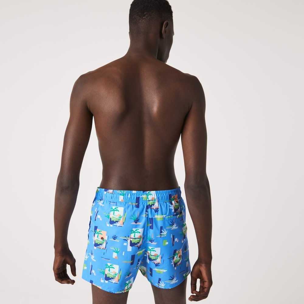 Blue / White Lacoste Printed Built-In Mesh Boxer Swimming Trunks | GEPTWN-702