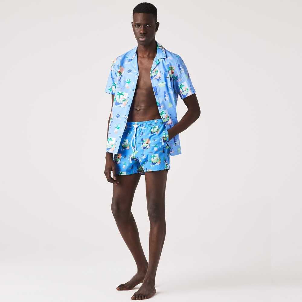 Blue / White Lacoste Printed Built-In Mesh Boxer Swimming Trunks | GEPTWN-702