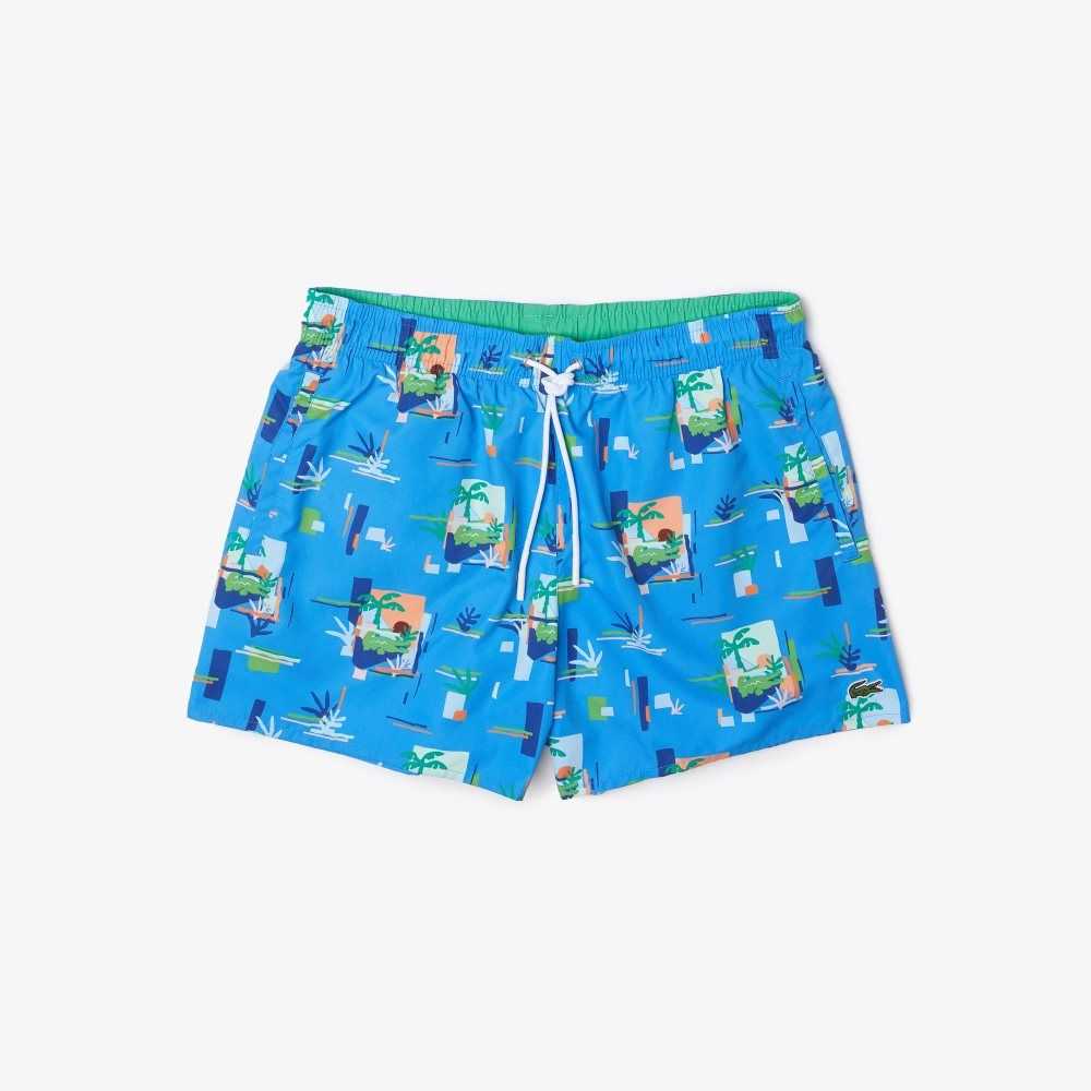 Blue / White Lacoste Printed Built-In Mesh Boxer Swimming Trunks | GEPTWN-702