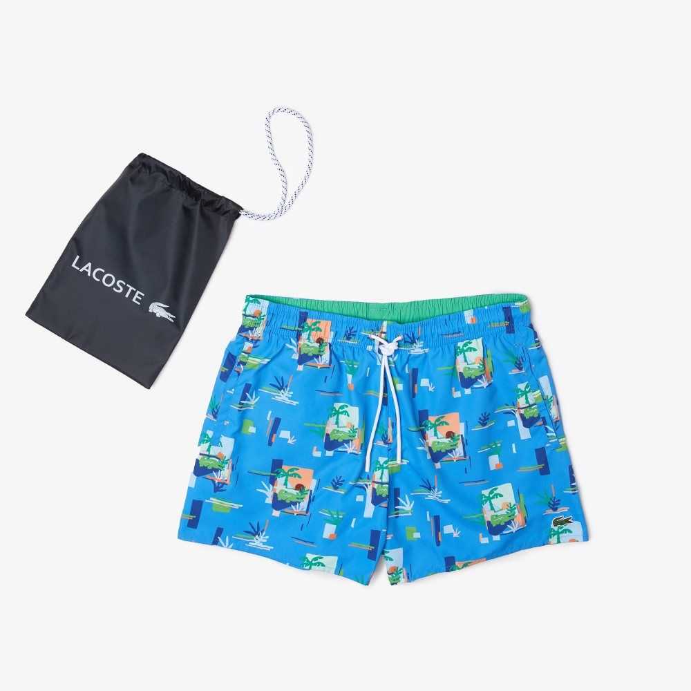 Blue / White Lacoste Printed Built-In Mesh Boxer Swimming Trunks | GEPTWN-702