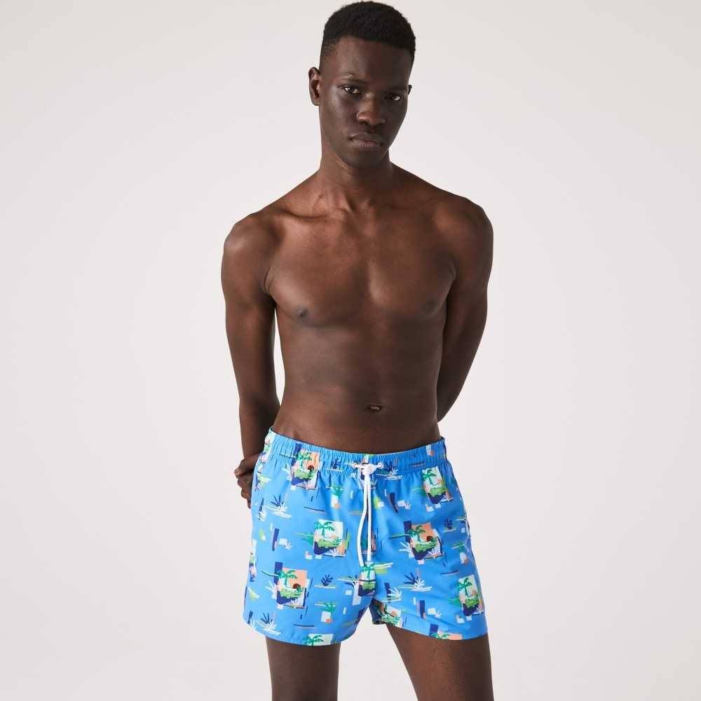 Blue / White Lacoste Printed Built-In Mesh Boxer Swimming Trunks | GEPTWN-702