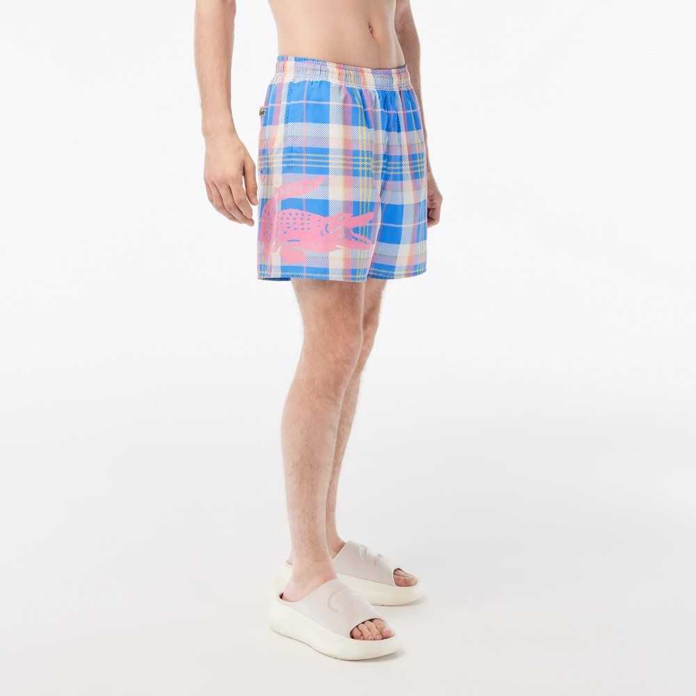 Blue / White Lacoste Quick-Dry Colored Check Swim Trunks | MVIZKO-713