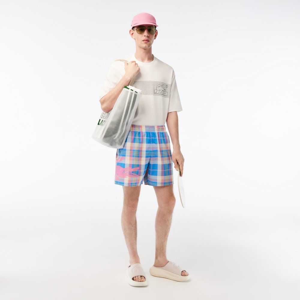 Blue / White Lacoste Quick-Dry Colored Check Swim Trunks | MVIZKO-713