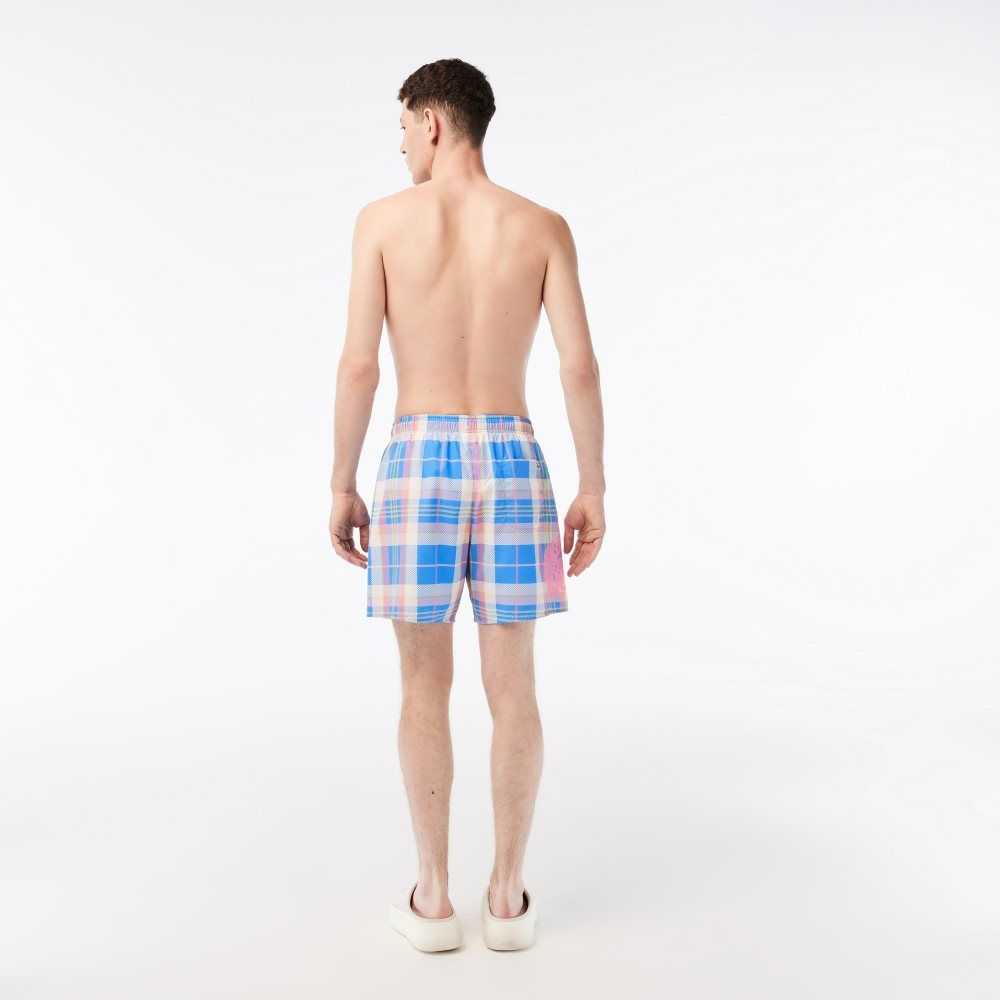 Blue / White Lacoste Quick-Dry Colored Check Swim Trunks | MVIZKO-713