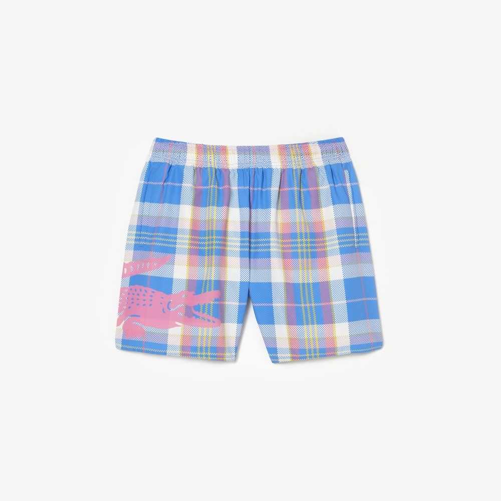 Blue / White Lacoste Quick-Dry Colored Check Swim Trunks | MVIZKO-713