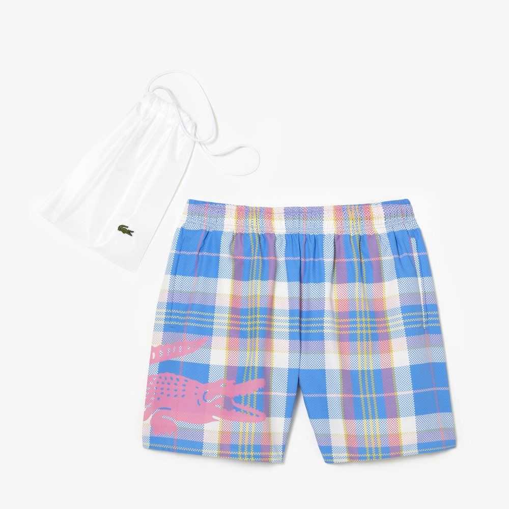 Blue / White Lacoste Quick-Dry Colored Check Swim Trunks | MVIZKO-713